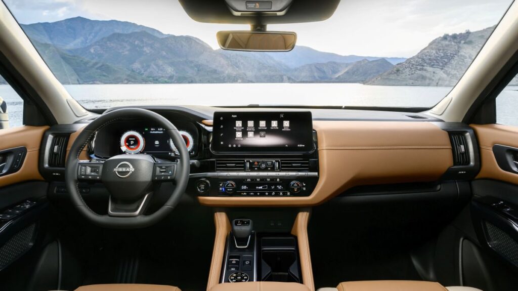 2026 Nissan Pathfinder interior showing dashboard, touchscreen, and steering wheel